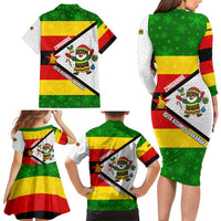 Zimbabwe Christmas Family Matching Long Sleeve Bodycon Dress and Hawaiian Shirt with Festive Santa Palm Tree and Red Yellow Green Flag - Wonder Print Shop