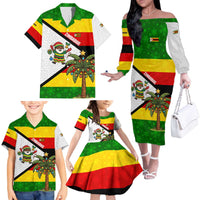 Zimbabwe Christmas Family Matching Off The Shoulder Long Sleeve Dress and Hawaiian Shirt with Festive Santa Palm Tree and Red Yellow Green Flag - Wonder Print Shop