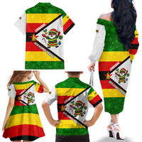 Zimbabwe Christmas Family Matching Off The Shoulder Long Sleeve Dress and Hawaiian Shirt with Festive Santa Palm Tree and Red Yellow Green Flag - Wonder Print Shop