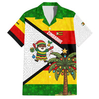 Zimbabwe Christmas Family Matching Off The Shoulder Long Sleeve Dress and Hawaiian Shirt with Festive Santa Palm Tree and Red Yellow Green Flag - Wonder Print Shop