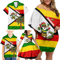 Zimbabwe Christmas Family Matching Off Shoulder Short Dress and Hawaiian Shirt with Festive Santa Palm Tree and Red Yellow Green Flag - Wonder Print Shop