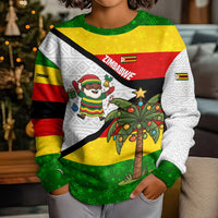 Zimbabwe Christmas Kid Ugly Christmas Sweater with Festive Santa Palm Tree and Red Yellow Green Flag - Wonder Print Shop