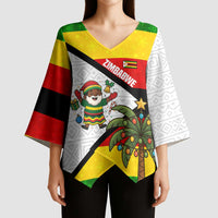 Zimbabwe Christmas Kimono Sleeve Blouse with Festive Santa Palm Tree and Red Yellow Green Flag - Wonder Print Shop