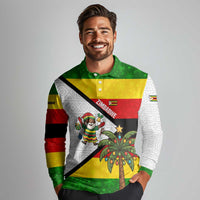 Zimbabwe Christmas Long Sleeve Polo Shirt with Festive Santa Palm Tree and Red Yellow Green Flag - Wonder Print Shop