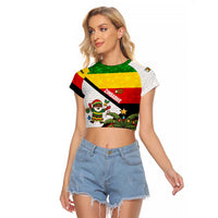 Zimbabwe Christmas Raglan Cropped T Shirt with Festive Santa Palm Tree and Red Yellow Green Flag - Wonder Print Shop