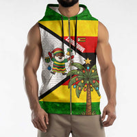 Zimbabwe Christmas Sleeveless Zip Hoodie with Festive Santa Palm Tree and Red Yellow Green Flag - Wonder Print Shop