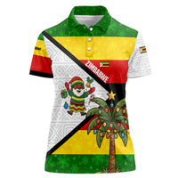 Zimbabwe Christmas Women Polo Shirt with Festive Santa Palm Tree and Red Yellow Green Flag - Wonder Print Shop