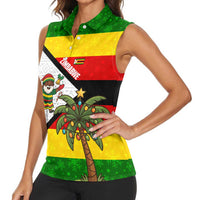 Zimbabwe Christmas Women Sleeveless Polo Shirt with Festive Santa Palm Tree and Red Yellow Green Flag - Wonder Print Shop