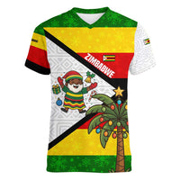Zimbabwe Christmas Women V-Neck T-Shirt with Festive Santa Palm Tree and Red Yellow Green Flag - Wonder Print Shop