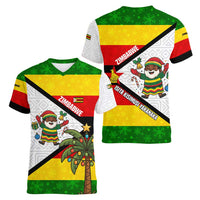Zimbabwe Christmas Women V-Neck T-Shirt with Festive Santa Palm Tree and Red Yellow Green Flag - Wonder Print Shop