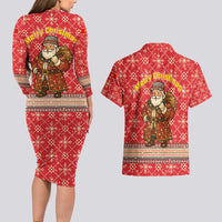 Macedonia Christmas Couples Matching Long Sleeve Bodycon Dress and Hawaiian Shirt with Traditional Santa and Yellow Sun Motif - Wonder Print Shop