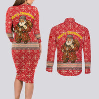 Macedonia Christmas Couples Matching Long Sleeve Bodycon Dress and Long Sleeve Button Shirt with Traditional Santa and Yellow Sun Motif - Wonder Print Shop