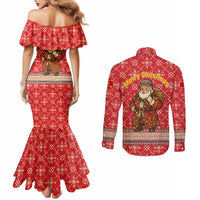 Macedonia Christmas Couples Matching Mermaid Dress and Long Sleeve Button Shirt with Traditional Santa and Yellow Sun Motif - Wonder Print Shop