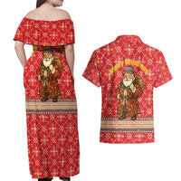 Macedonia Christmas Couples Matching Off Shoulder Maxi Dress and Hawaiian Shirt with Traditional Santa and Yellow Sun Motif - Wonder Print Shop