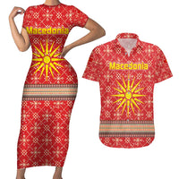 Macedonia Christmas Couples Matching Short Sleeve Bodycon Dress and Hawaiian Shirt with Traditional Santa and Yellow Sun Motif - Wonder Print Shop