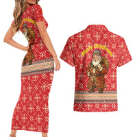 Macedonia Christmas Couples Matching Short Sleeve Bodycon Dress and Hawaiian Shirt with Traditional Santa and Yellow Sun Motif - Wonder Print Shop