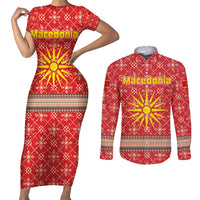 Macedonia Christmas Couples Matching Short Sleeve Bodycon Dress and Long Sleeve Button Shirt with Traditional Santa and Yellow Sun Motif - Wonder Print Shop