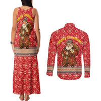 Macedonia Christmas Couples Matching Tank Maxi Dress and Long Sleeve Button Shirt with Traditional Santa and Yellow Sun Motif - Wonder Print Shop