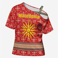 Macedonia Christmas Cross Shoulder Shirt with Traditional Santa and Yellow Sun Motif - Wonder Print Shop