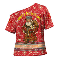 Macedonia Christmas Cross Shoulder Shirt with Traditional Santa and Yellow Sun Motif - Wonder Print Shop