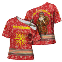 Macedonia Christmas Cross Shoulder Shirt with Traditional Santa and Yellow Sun Motif - Wonder Print Shop