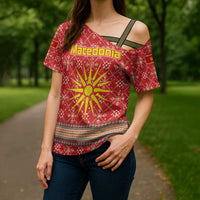 Macedonia Christmas Cross Shoulder Shirt with Traditional Santa and Yellow Sun Motif - Wonder Print Shop