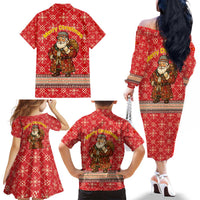 Macedonia Christmas Family Matching Off The Shoulder Long Sleeve Dress and Hawaiian Shirt with Traditional Santa and Yellow Sun Motif - Wonder Print Shop