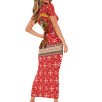 Macedonia Christmas Family Matching Short Sleeve Bodycon Dress and Hawaiian Shirt with Traditional Santa and Yellow Sun Motif - Wonder Print Shop