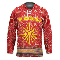 Macedonia Christmas Hockey Jersey with Traditional Santa and Yellow Sun Motif - Wonder Print Shop