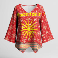 Macedonia Christmas Kimono Sleeve Blouse with Traditional Santa and Yellow Sun Motif - Wonder Print Shop