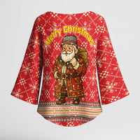 Macedonia Christmas Kimono Sleeve Blouse with Traditional Santa and Yellow Sun Motif - Wonder Print Shop