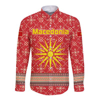 Macedonia Christmas Long Sleeve Button Shirt with Traditional Santa and Yellow Sun Motif - Wonder Print Shop