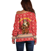 Macedonia Christmas Off Shoulder Sweater with Traditional Santa and Yellow Sun Motif - Wonder Print Shop