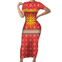 Macedonia Christmas Short Sleeve Bodycon Dress with Traditional Santa and Yellow Sun Motif - Wonder Print Shop