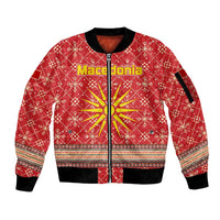 Macedonia Christmas Sleeve Zip Bomber Jacket with Traditional Santa and Yellow Sun Motif - Wonder Print Shop