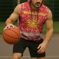 Macedonia Christmas Sleeveless Zip Hoodie with Traditional Santa and Yellow Sun Motif - Wonder Print Shop