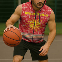 Macedonia Christmas Sleeveless Zip Hoodie with Traditional Santa and Yellow Sun Motif - Wonder Print Shop