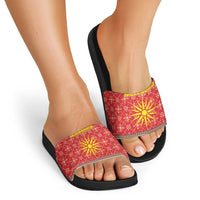Macedonia Christmas Slide Sandals with Traditional Santa and Yellow Sun Motif - Wonder Print Shop