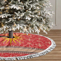Macedonia Christmas Tree Skirt with Traditional Santa and Yellow Sun Motif - Wonder Print Shop