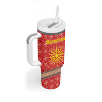 Macedonia Christmas Tumbler With Handle with Traditional Santa and Yellow Sun Motif - Wonder Print Shop