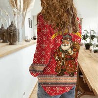 Macedonia Christmas Women Casual Shirt with Traditional Santa and Yellow Sun Motif - Wonder Print Shop