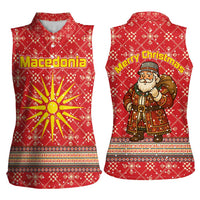 Macedonia Christmas Women Sleeveless Polo Shirt with Traditional Santa and Yellow Sun Motif - Wonder Print Shop
