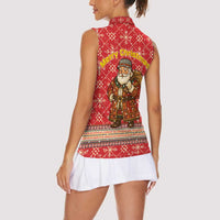 Macedonia Christmas Women Sleeveless Polo Shirt with Traditional Santa and Yellow Sun Motif - Wonder Print Shop