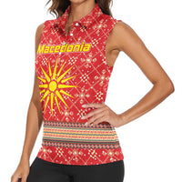Macedonia Christmas Women Sleeveless Polo Shirt with Traditional Santa and Yellow Sun Motif - Wonder Print Shop