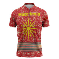 Macedonia Christmas Zipper Polo Shirt with Traditional Santa and Yellow Sun Motif - Wonder Print Shop