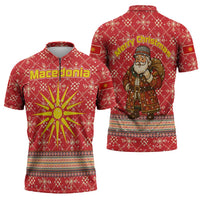 Macedonia Christmas Zipper Polo Shirt with Traditional Santa and Yellow Sun Motif - Wonder Print Shop