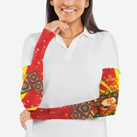 Macedonia Christmas Arm Sleeves with Yellow Sun, Santa, and Festive Tree Motif - Wonder Print Shop