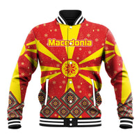 Macedonia Christmas Baseball Jacket with Yellow Sun, Santa, and Festive Tree Motif - Wonder Print Shop