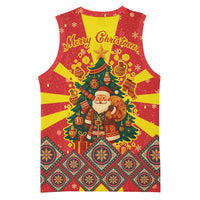 Macedonia Christmas Basketball Jersey with Yellow Sun, Santa, and Festive Tree Motif - Wonder Print Shop