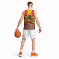 Macedonia Christmas Basketball Jersey with Yellow Sun, Santa, and Festive Tree Motif - Wonder Print Shop